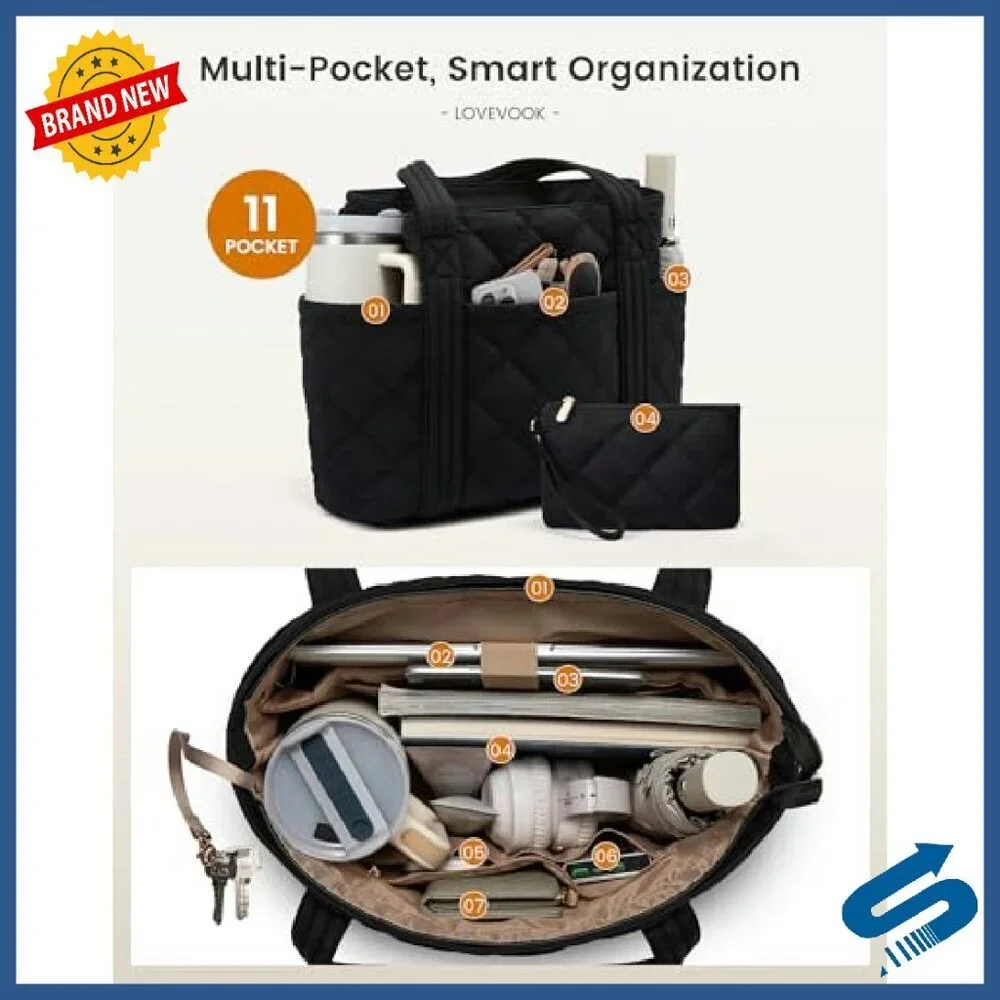 Quilted Puffer Tote Bag with 11 Pockets for Work Travel Laptop